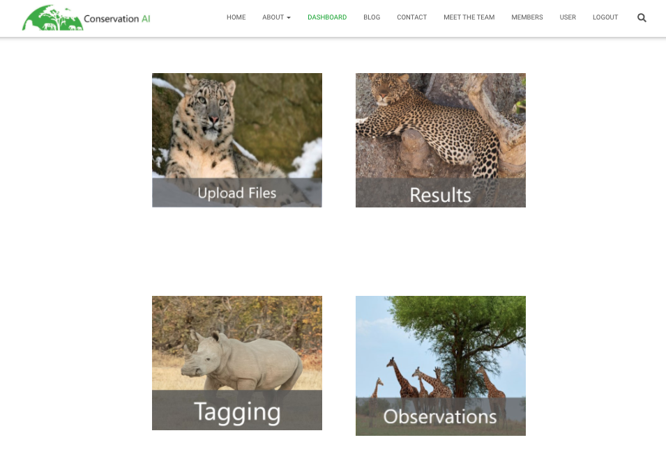 Conservation AI dashboard with sections for uploading images, tagging images and checking AI results.