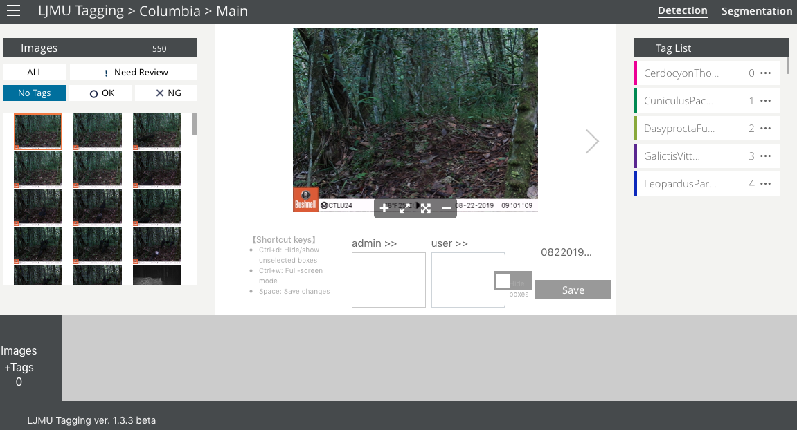 Tagging interface for drawing bounding boxes around animals detected in the images and for assigning species labels.